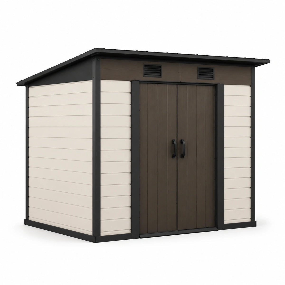Abri de jardin en résine beige, marron et noir 180 x 120 x 200 cm avec portes doubles ventilées
