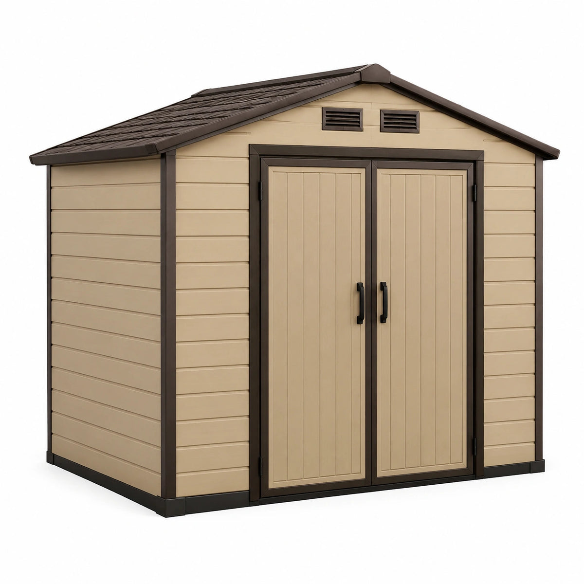 Abri de jardin en résine 214 x 132 x 189 cm avec double porte ventilée, Beige/Brun