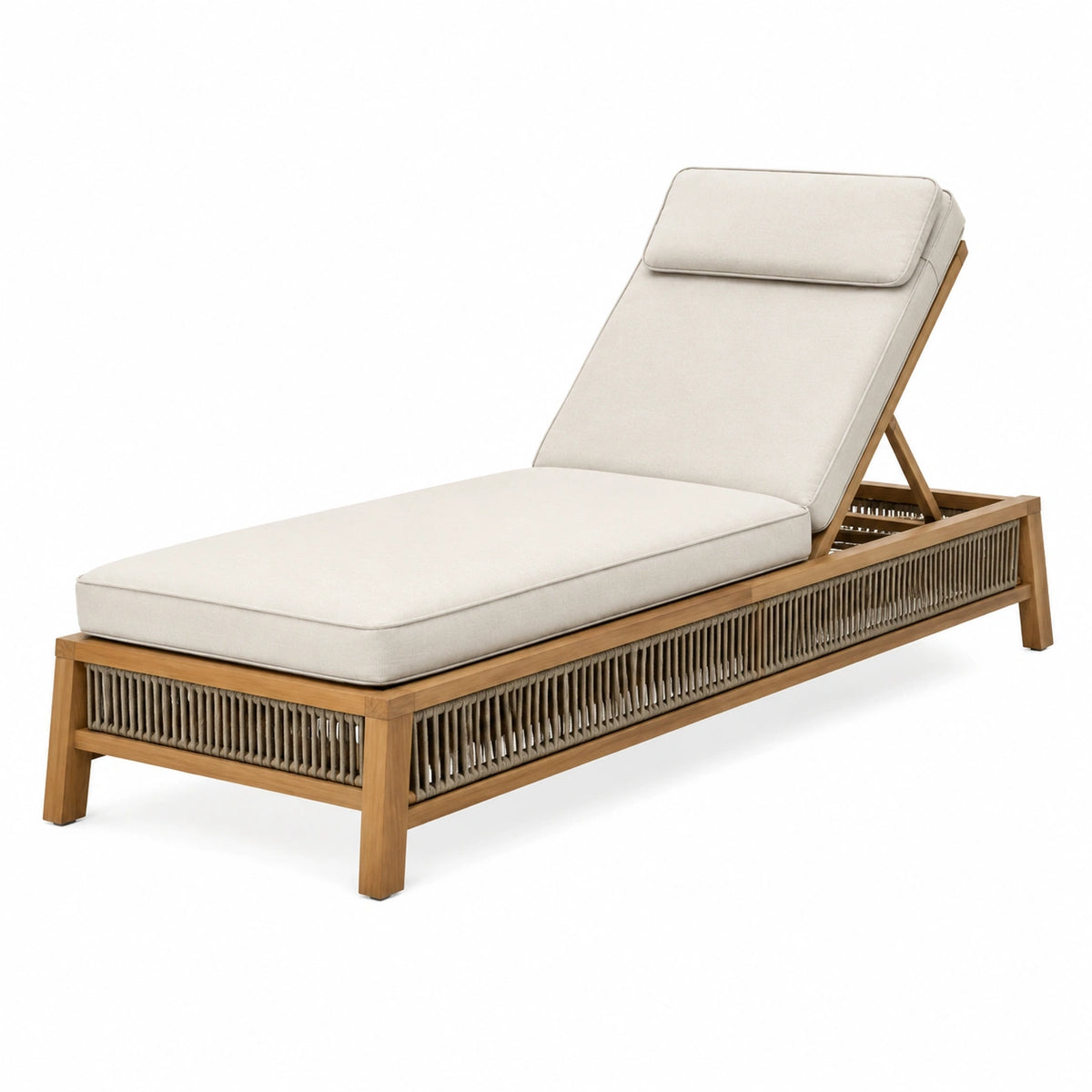 Bain de soleil inclinable en bois beige et marron avec coussins, 200 x 70 x 35 cm