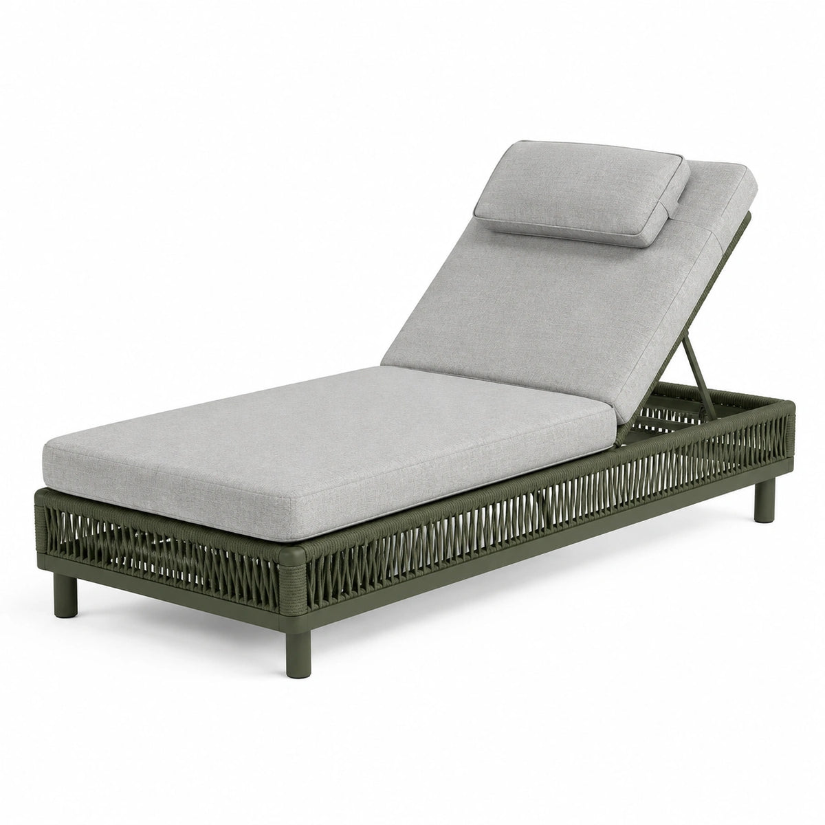 Bain de soleil réglable en métal et corde tressée, 200 x 75 x 35 cm, Vert foncé/Gris