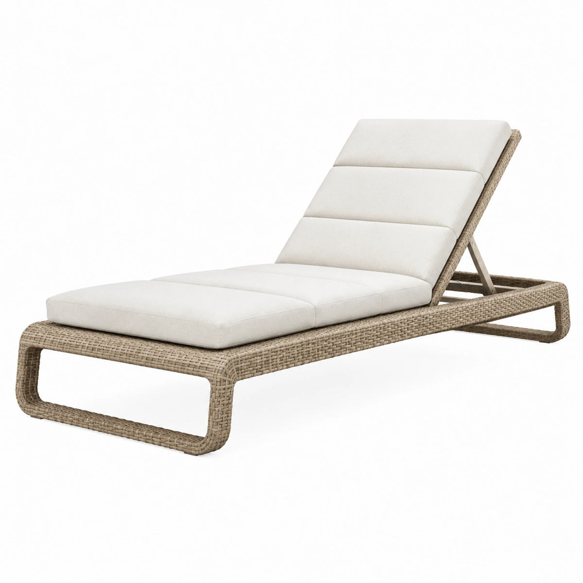 Bain de soleil inclinable en résine tressée beige avec coussin blanc cassé, 195 x 70 x 35 cm
