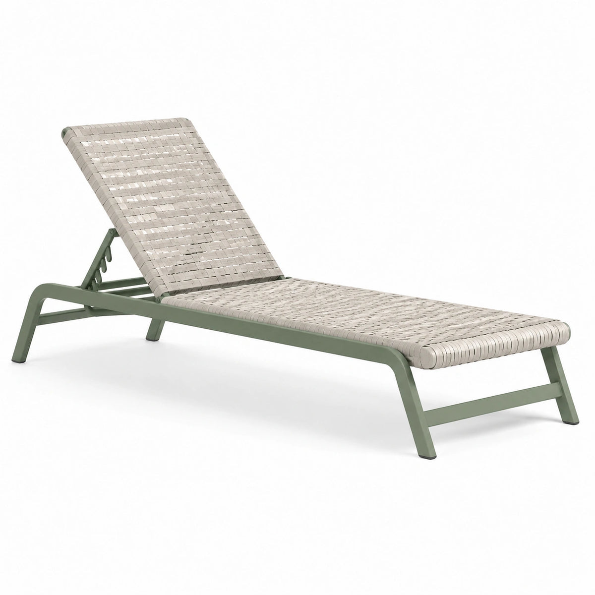 Bain de soleil réglable 195 x 65 x 35 cm en métal vert sauge et tressage beige
