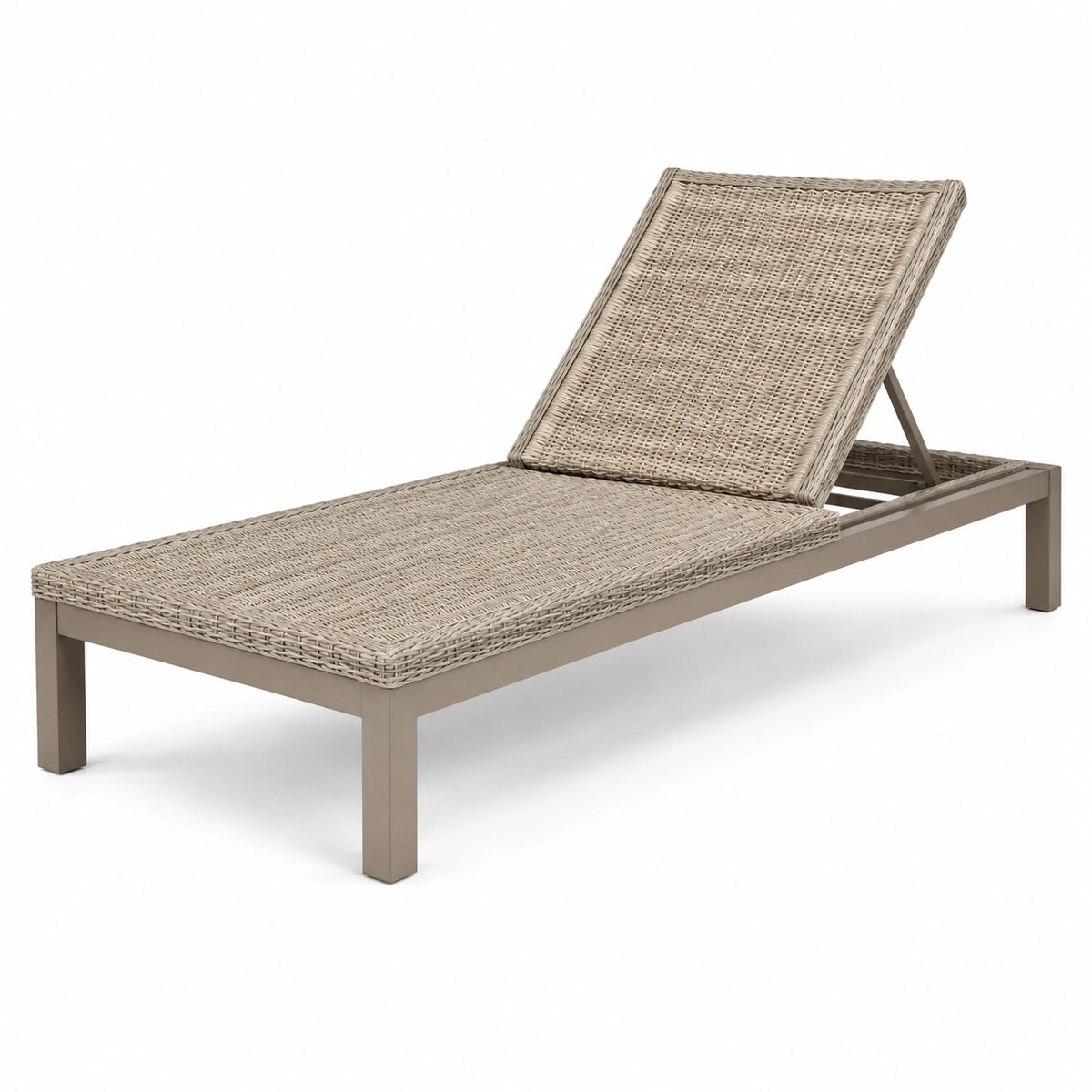 Bain de soleil extérieur en résine tressée beige et métal taupe, 200 x 70 x 35 cm, dossier réglable