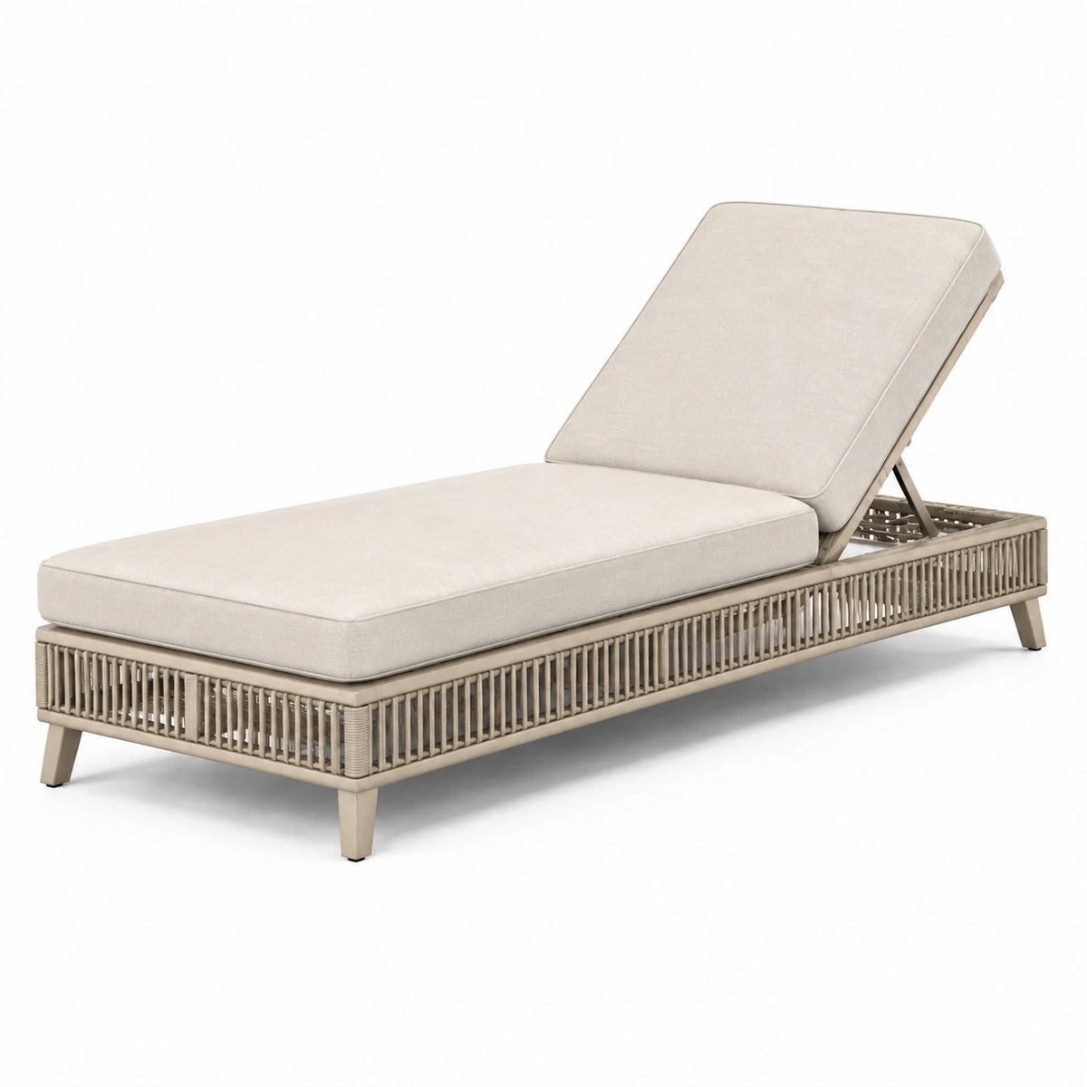 Bain de soleil beige en métal et cordage synthétique avec dossier réglable, 200 x 75 x 35 cm