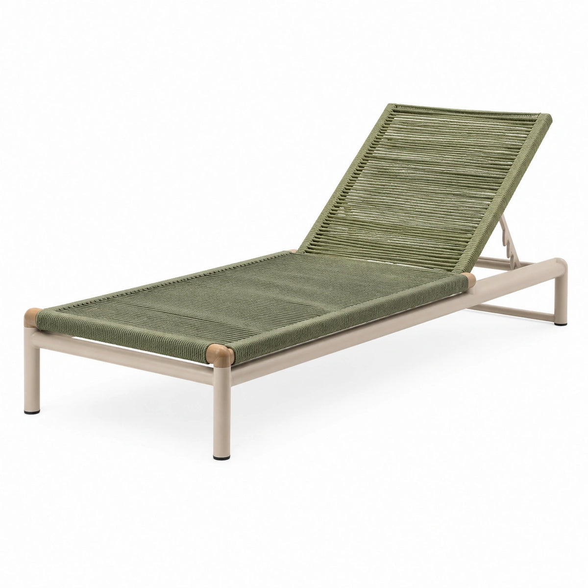 Chaise longue d'extérieur réglable 200 x 70 x 35 cm en aluminium, corde vert olive et beige