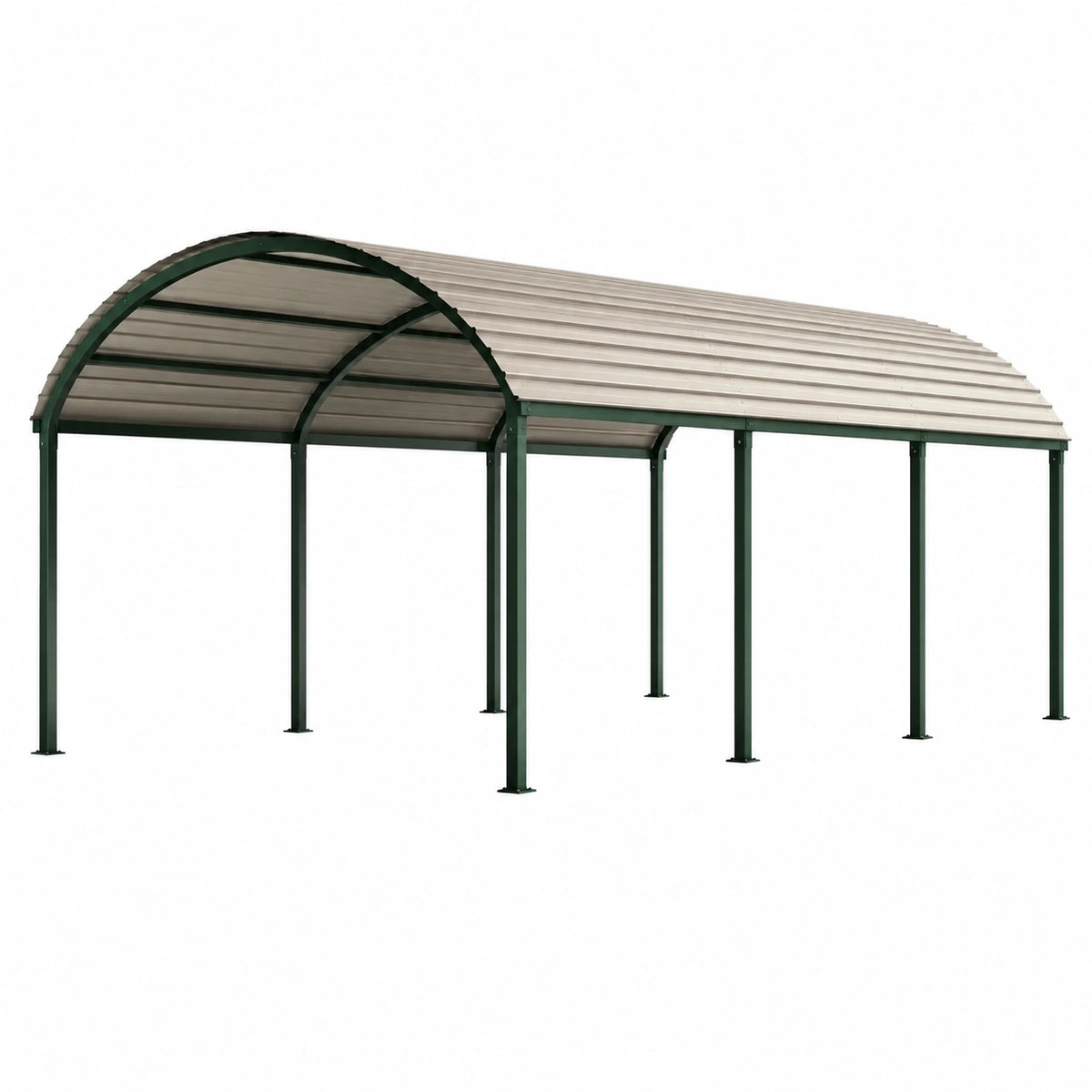 Abri voiture en acier vert avec toiture incurvée en polycarbonate transparent, 500 x 300 x 250 cm