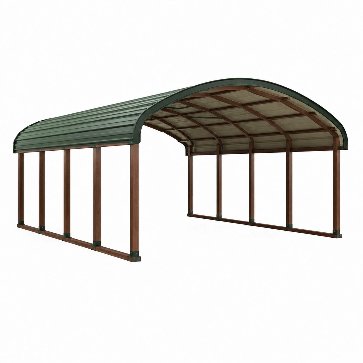 Abri extérieur en métal 600 x 300 x 250 cm marron avec toit cintré vert foncé