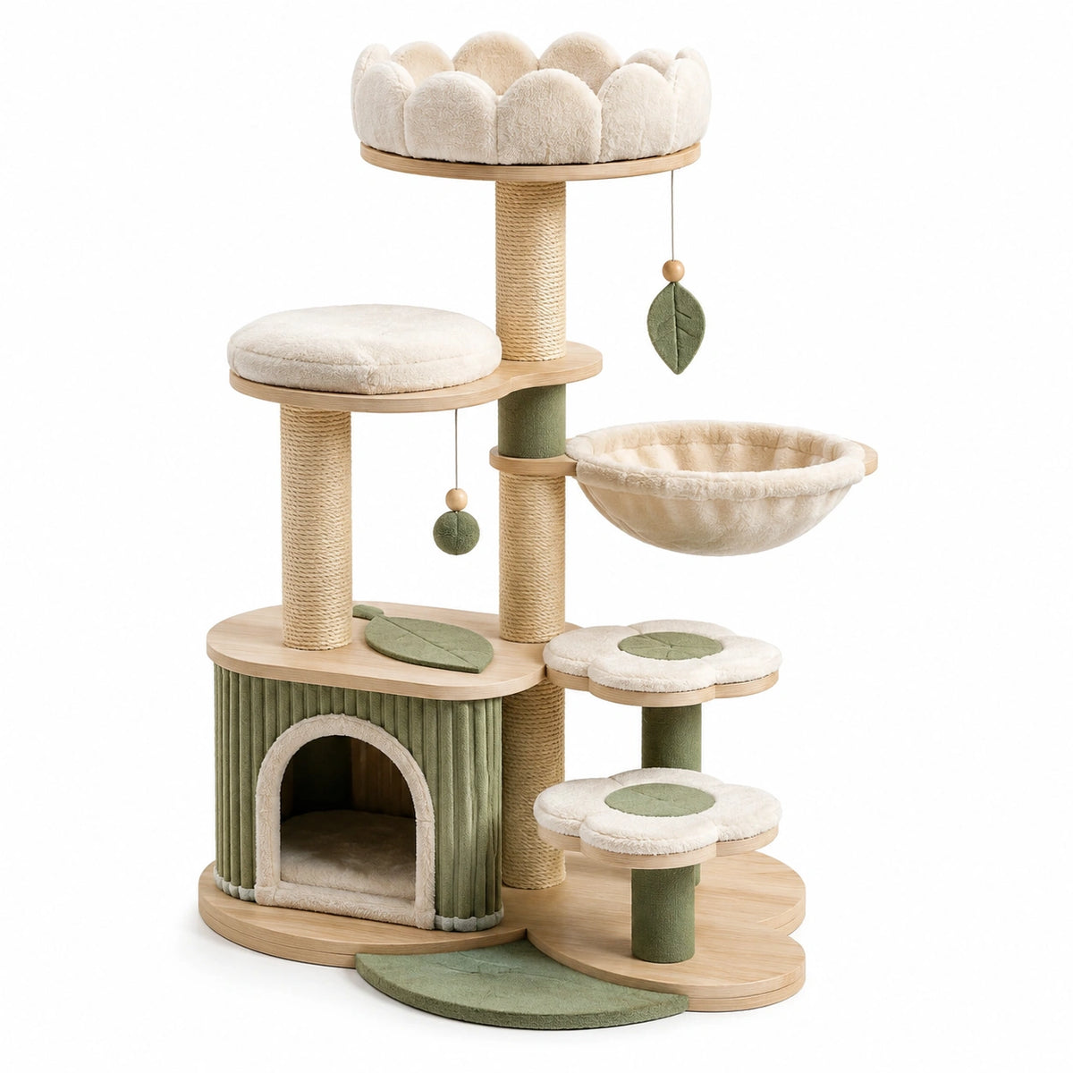 Arbre à chat en bois beige et vert sauge avec griffoirs, niche et hamac – 80 x 60 x 145 cm