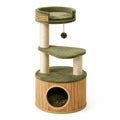 Arbre à chat Ø 50 x H 120 cm en sisal, peluche et bois, Vert olive/Beige naturel, avec niche et balle suspendue