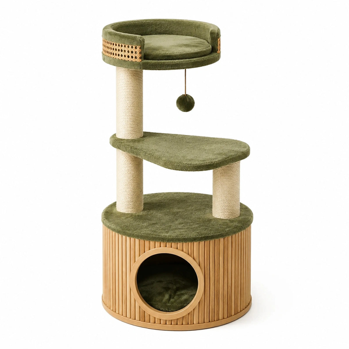 Arbre à chat Ø 50 x H 120 cm en sisal, peluche et bois, Vert olive/Beige naturel, avec niche et balle suspendue