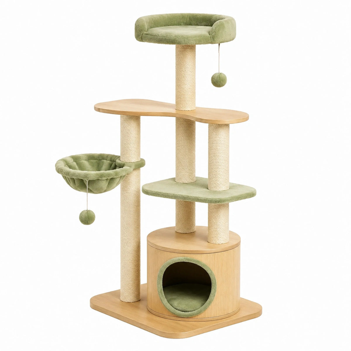 Arbre à chat en bois beige et vert, 60 x 50 x 145 cm, avec poteaux en sisal, niche, hamac et couchage