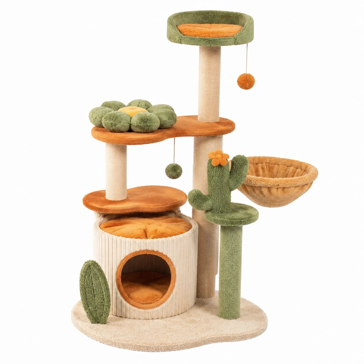 Structure style cactus 60 x 60 x 120 cm vert, orange et beige avec niche, hamac et poteaux en sisal