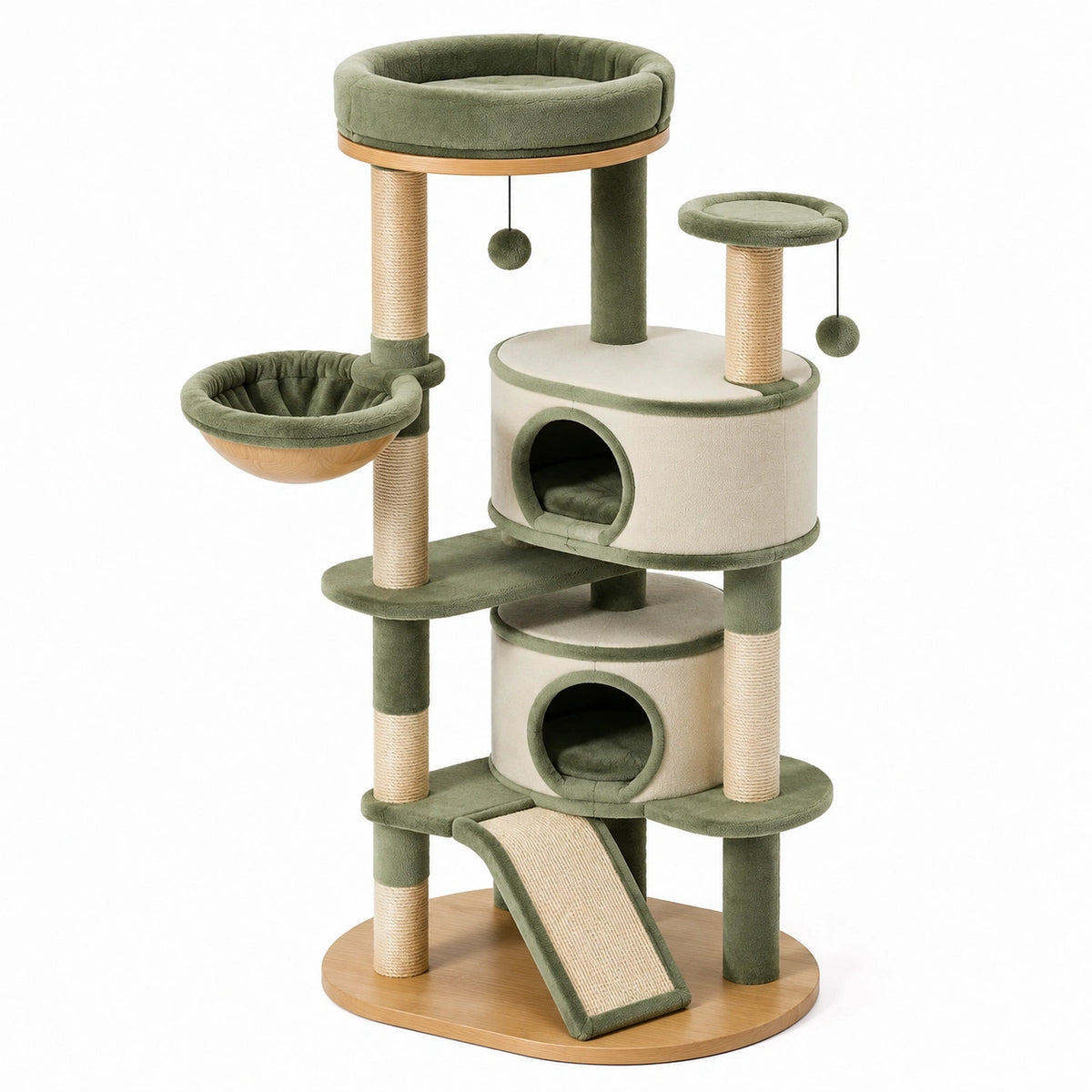 Arbre à chat 60 x 60 x 150 cm en sisal et peluche, Vert, Beige et Bois naturel, avec niches, plateformes et rampe
