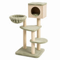 Arbre à chat en bois Beige et Vert Sauge 50 x 50 x 140 cm avec niche, panier suspendu et poteaux en sisal