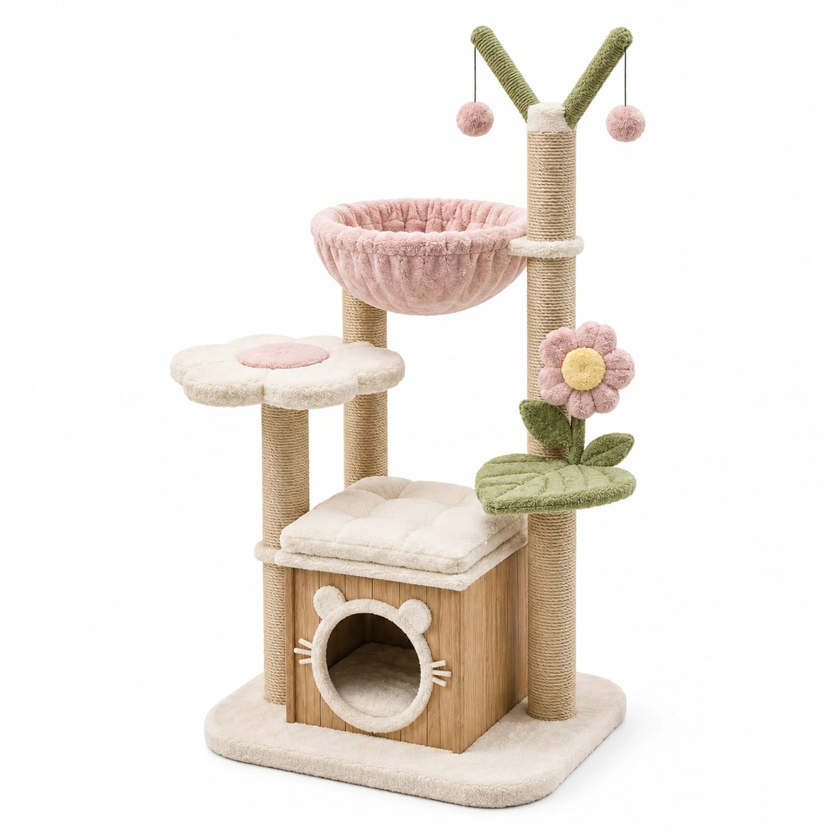 Arbre à chat 60 x 50 x 120 cm en sisal et peluche beige, rose et vert avec niche, hamac et jouets suspendus