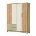 Armoire de chambre 160 x 55 x 200 cm à 4 portes et 2 tiroirs, Vert Sauge, Chêne Clair et Blanc Cassé