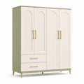 Armoire moderne 4 portes et 2 tiroirs, 160 x 50 x 190 cm, Blanc cassé, Vert sauge et Doré