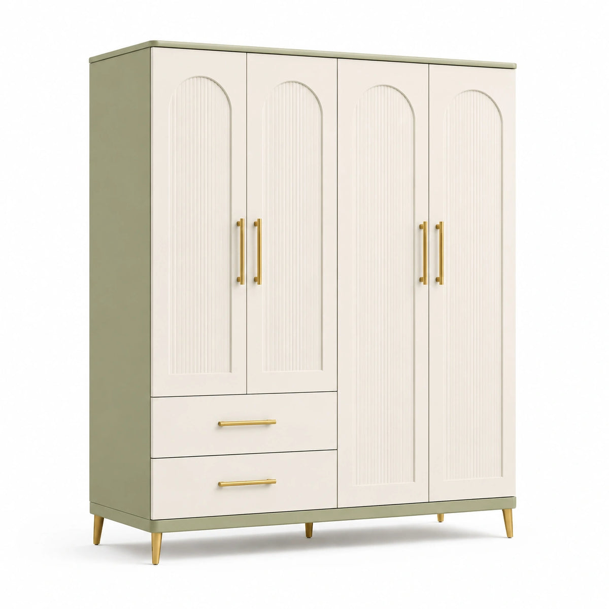 Armoire moderne 4 portes et 2 tiroirs, 160 x 50 x 190 cm, Blanc cassé, Vert sauge et Doré