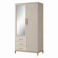 Armoire contemporaine beige et dorée 100 x 55 x 200 cm avec miroir, 2 portes et 3 tiroirs