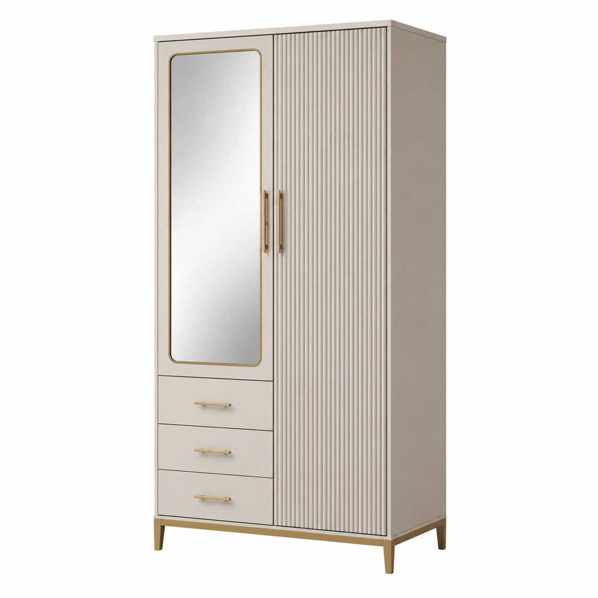 Armoire contemporaine beige et dorée 100 x 55 x 200 cm avec miroir, 2 portes et 3 tiroirs