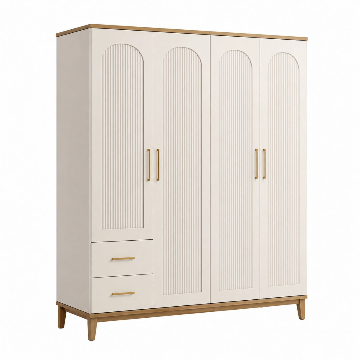 Armoire moderne Blanc et Bois naturel 180 x 55 x 200 cm avec 4 portes et 2 tiroirs