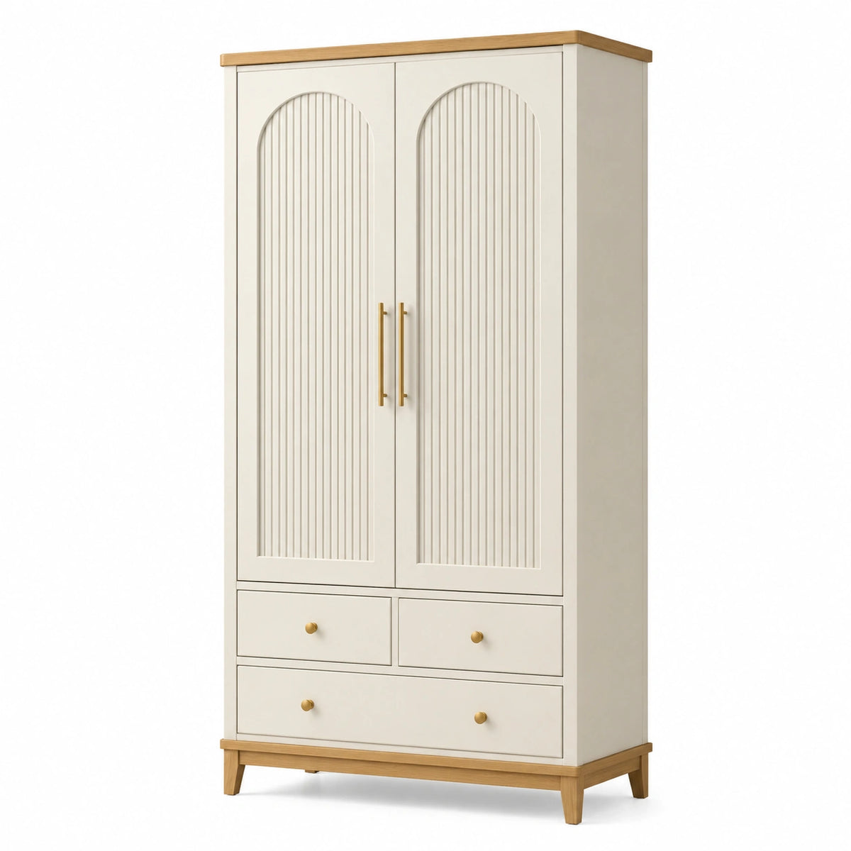 Armoire scandinave blanche, naturelle et dorée 100 x 50 x 190 cm avec 2 portes et 3 tiroirs