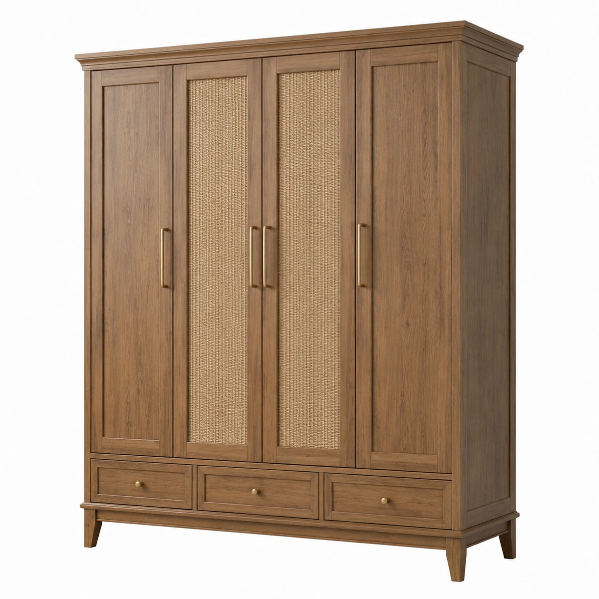 Armoire en bois marron 180 x 60 x 210 cm avec panneaux en fibre tressée beige, 4 portes et 3 tiroirs