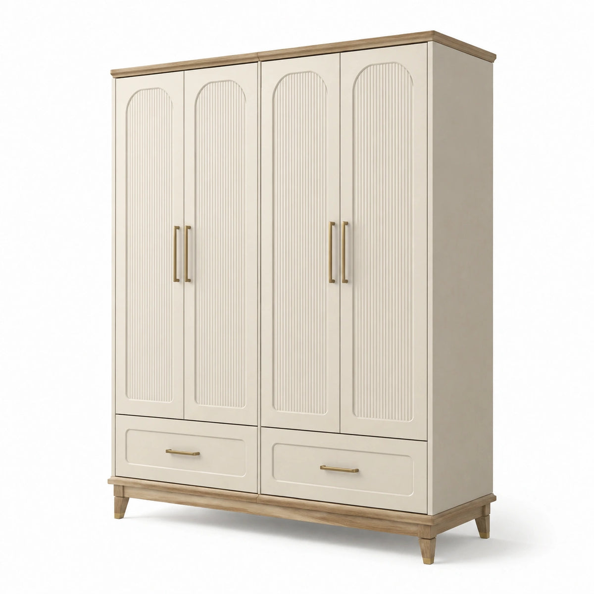 Armoire contemporaine 160 x 55 x 200 cm à 4 portes et 2 tiroirs, Crème, Naturel et Doré