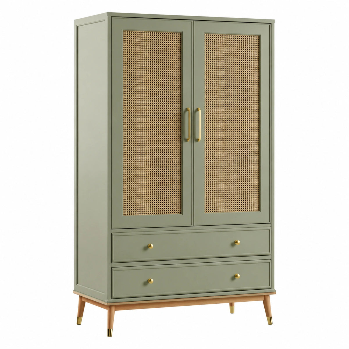 Armoire 100 x 50 x 180 cm vert sauge, cannage naturel et détails dorés
